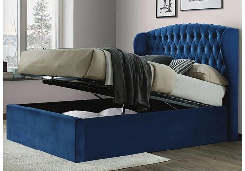 4ft6 Double Velvet blue ottoman fabric upholstered buttoned storage gas lift up bed frame 1